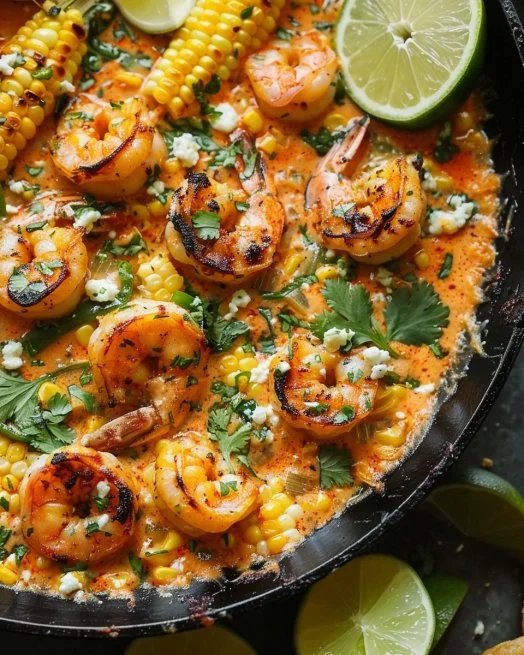 Mexican Street Corn with Shrimp and Creamy Feta Cheese Sauce 2 Mexican street corn with shrimp and creamy feta cheese sauce served in a bowl