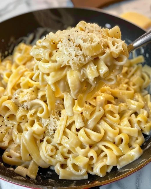 One-Pan Butter Parmesan Pasta 2 Delicious One-Pan Butter Parmesan Pasta garnished with cheese and herbs.