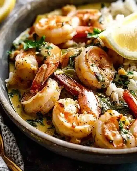 One Pan Creamy Garlic Shrimp 2 One Pan Creamy Garlic Shrimp dish served with garlic sauce and herbs