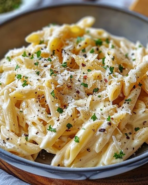 One Pot Creamy Garlic Pasta served with fresh herbs and garlic bread