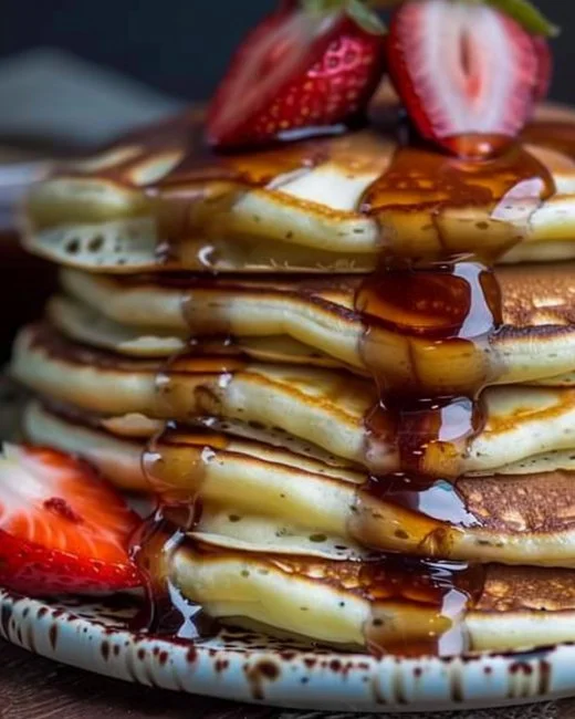 Pancakes 2 Stack of golden pancakes drizzled with syrup and topped with fresh berries