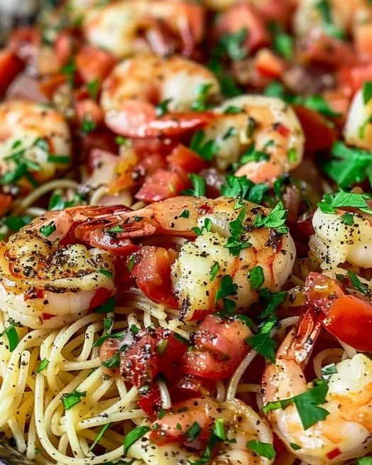 Quick Mediterranean Shrimp Skillet with fresh ingredients in a pan