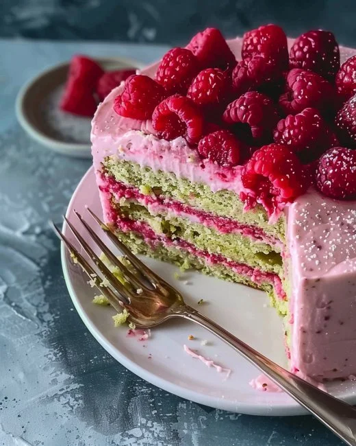 Raspberry Pistachio Cake 2 Delicious Raspberry Pistachio Cake topped with fresh raspberries and nuts