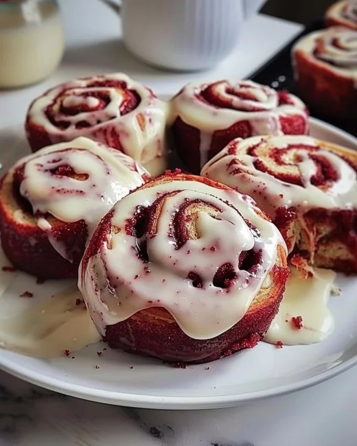 Red Velvet Cinnamon Rolls 2 Red Velvet Cinnamon Rolls topped with cream cheese icing