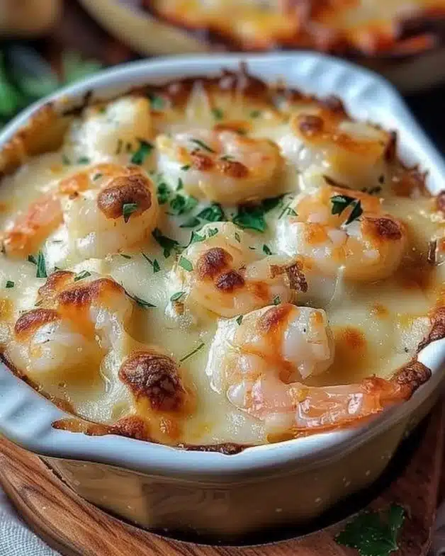 Baked seafood gratin topped with golden breadcrumbs and fresh herbs