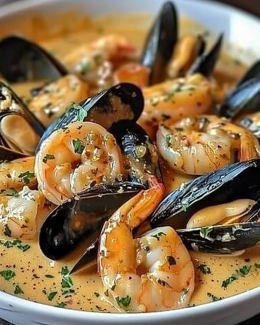 Shrimp and Mussels in Creamy Garlic Sauce 2 Shrimp and mussels in creamy garlic sauce served in a bowl