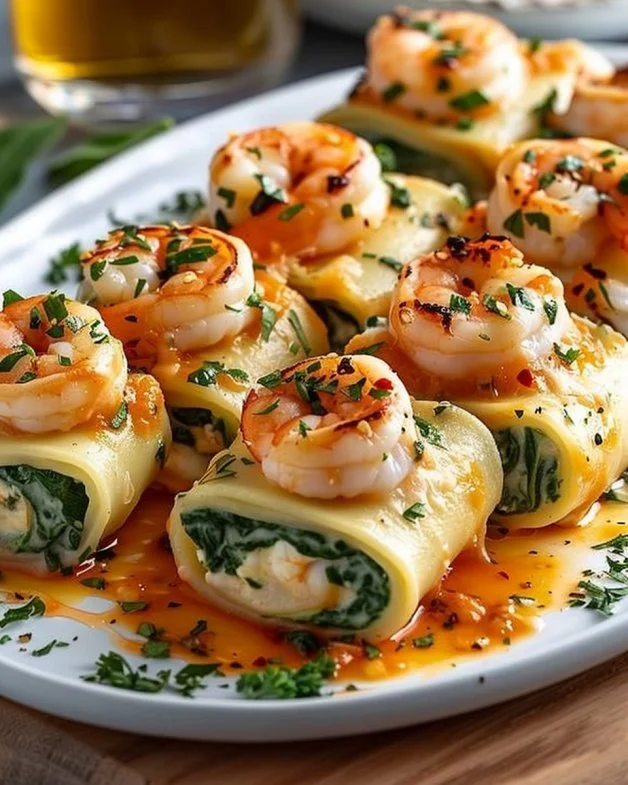 Shrimp and Spinach Stuffed Pasta Rolls with Roasted Red Pepper Sauce 2 Shrimp and spinach stuffed pasta rolls with roasted red pepper sauce on a plate