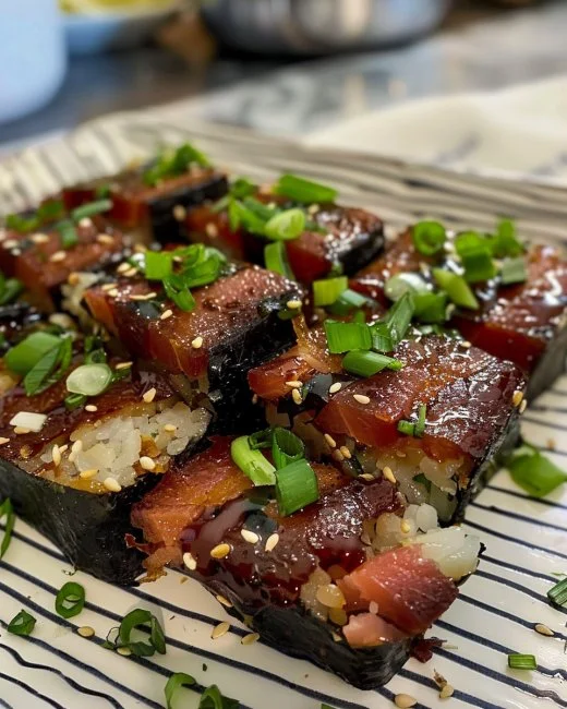 Spam Musubi Bake 2 Delicious Spam Musubi Bake served in a colorful dish