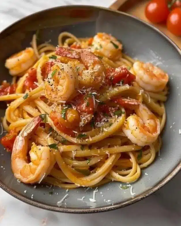 Plate of spicy garlic shrimp pasta garnished with parsley and chili flakes