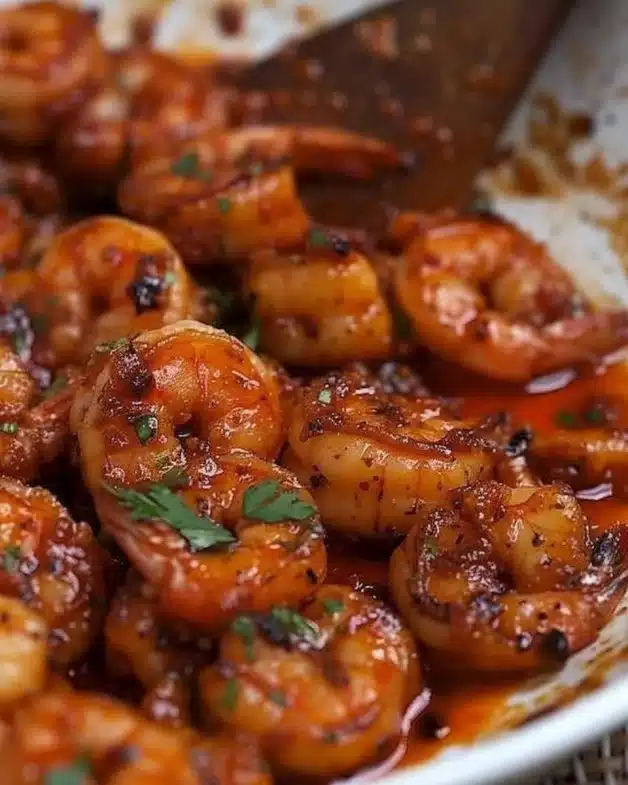 Delicious spicy shrimp dish garnished with herbs