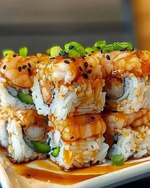 Delicious spicy shrimp sushi stacks arranged on a plate