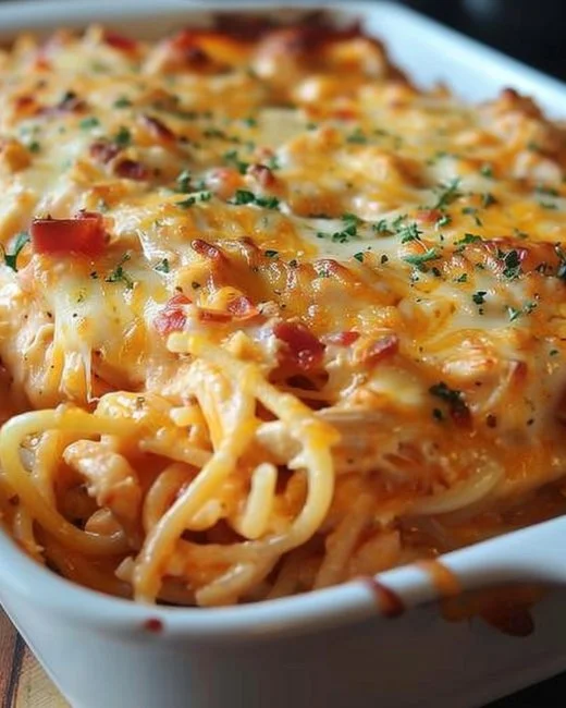 Spicy Southern Cheesy Chicken Spaghetti Casserole 2 Baked Spicy Southern Cheesy Chicken Spaghetti Casserole topped with melted cheese