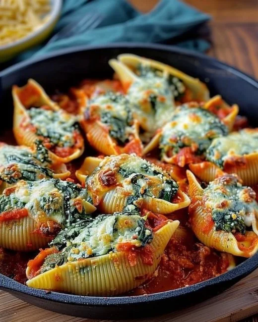 Delicious spinach and ricotta stuffed shells in a savory tomato sauce.