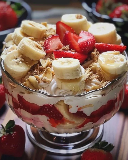 Delicious Strawberry Banana Pudding dessert with fresh strawberries and bananas
