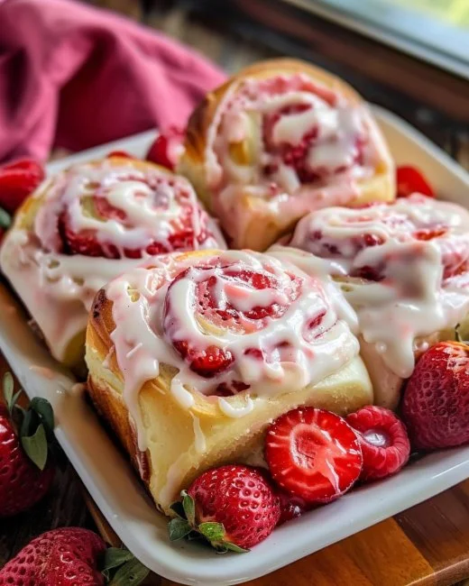 Strawberry Cheesecake Cinnabon Rolls 2 Strawberry Cheesecake Cinnabon Rolls drizzled with cream cheese frosting