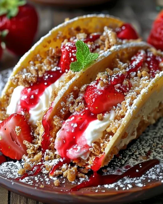 Strawberry Crunch Cheesecake Tacos 2 Strawberry Crunch Cheesecake Tacos displayed on a plate, garnished with strawberries.