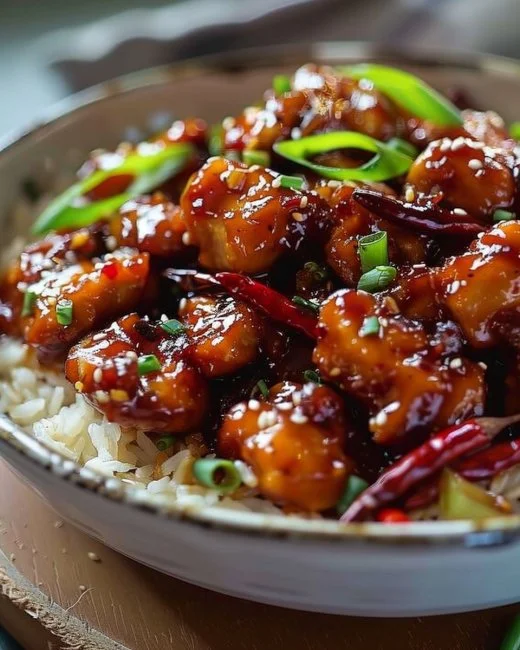 Plate of Sweet Chili Chicken garnished with fresh herbs and served with rice