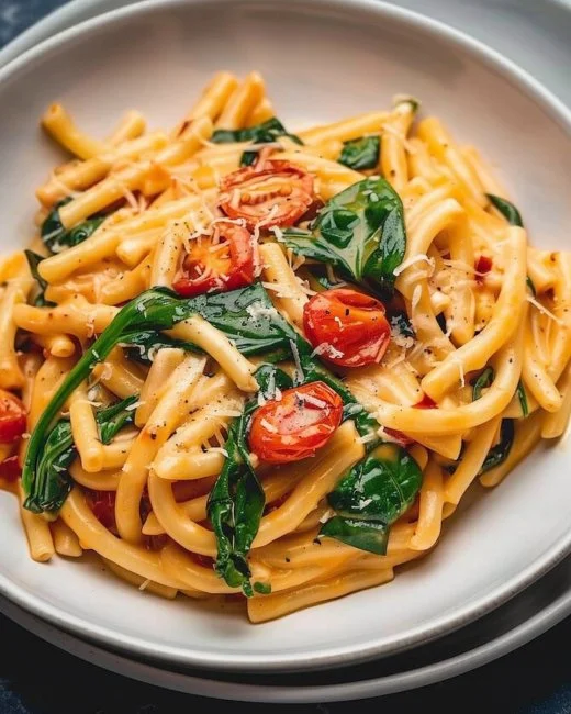Delicious spinach tomato pasta served in a bowl with fresh ingredients.