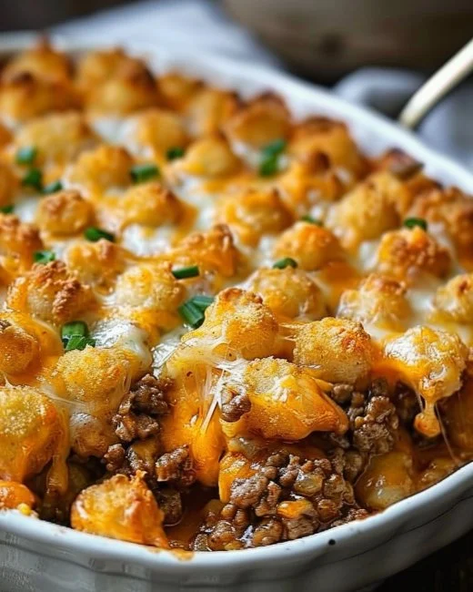 Delicious Tater Tot Casserole topped with golden, crispy tater tots