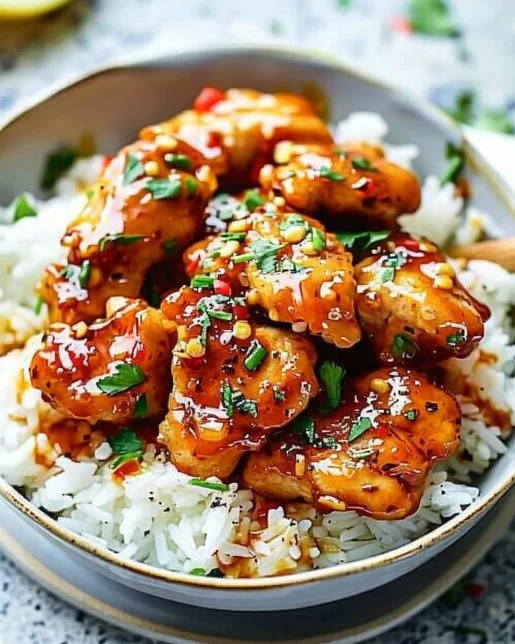 20 Minute Honey Garlic Chicken 2 Deliciously glazed honey garlic chicken served on a plate with vegetables.