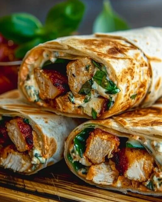 Air Fryer Chicken & Mozzarella Wraps 2 Air Fryer Chicken and Mozzarella Wraps on a plate, ready to serve