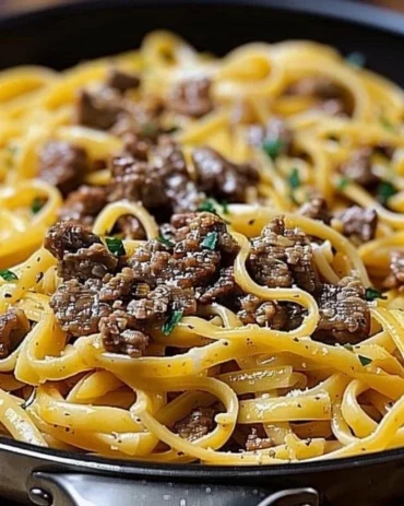 Delicious Beef and Garlic Butter Pasta served on a plate