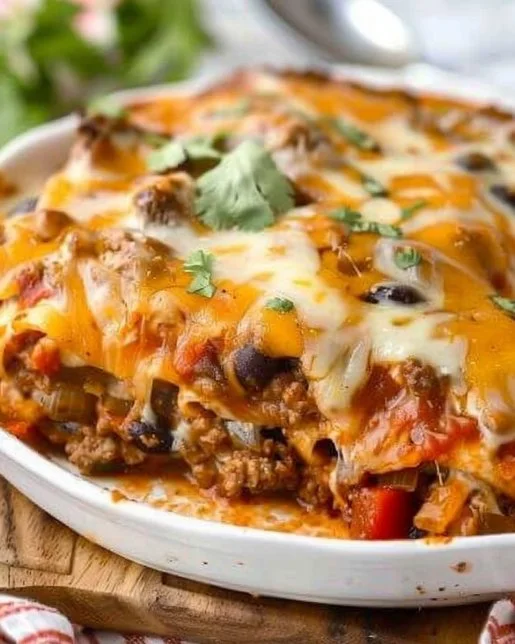 Beef Enchilada Casserole 2 Delicious beef enchilada casserole topped with cheese and garnished with cilantro.