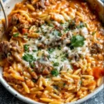 A bowl of beef orzo pasta in creamy tomato sauce garnished with herbs.