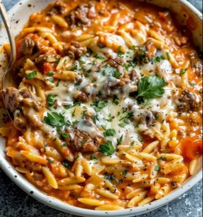 A bowl of beef orzo pasta in creamy tomato sauce garnished with herbs.