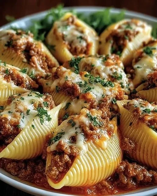 Plate of beef-stuffed shells topped with creamy ricotta and marinara sauce