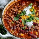 Bowl of delicious ground beef stovetop chili with toppings