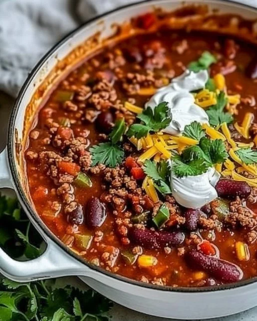 Bowl of delicious ground beef stovetop chili with toppings