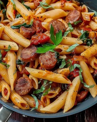 Delicious Cajun Sausage Pasta served with herbs and spices