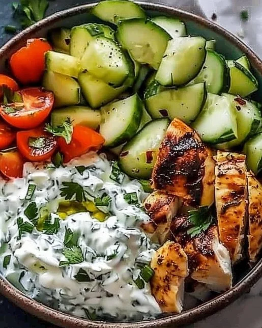 Chicken Tzatziki Bowls 2 Chicken Tzatziki Bowl with grilled chicken, fresh vegetables, and tzatziki sauce