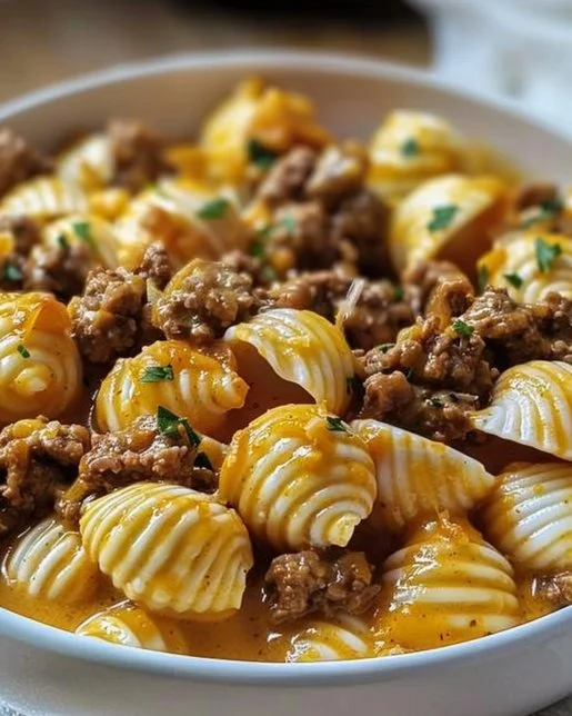Creamy beef and shells dish served in a bowl, garnished with fresh herbs