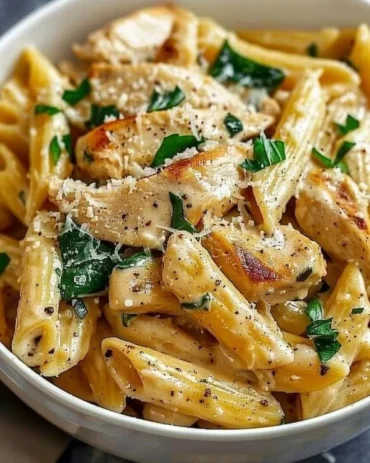 Creamy Garlic Parmesan Chicken Pasta served with garnish