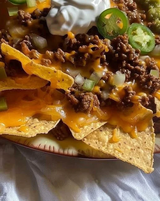 Plate of easy cheesy beef nachos loaded with toppings