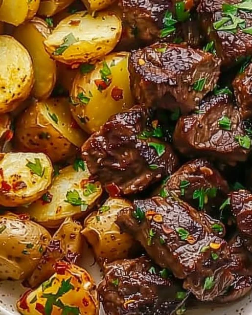 Garlic Butter Steak Bites and Potatoes 2 Delicious Garlic Butter Steak Bites served with crispy potatoes.