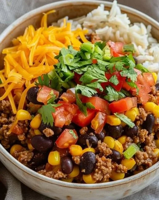 Ground Beef Burrito Bowl 2 Ground Beef Burrito Bowl with fresh ingredients and toppings