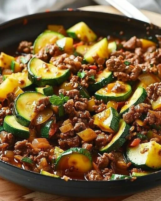 Healthy Zucchini Beef Stir-Fry with colorful vegetables in a skillet