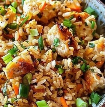 High Protein Crispy Garlic Chicken Fried Rice 2 High protein crispy garlic chicken fried rice served in a bowl