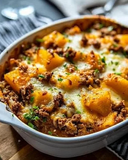 Hobo Casserole 2 Delicious Hobo Casserole with ground beef and vegetables in a baking dish.