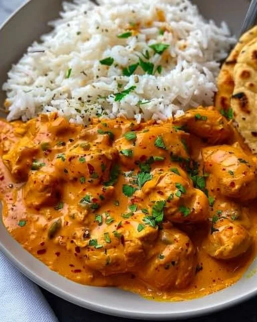 Homemade Butter Chicken 2 A plate of flavorful homemade butter chicken served with rice and naan