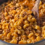 Bowl of homemade Hamburger Helper with ground beef and pasta dish