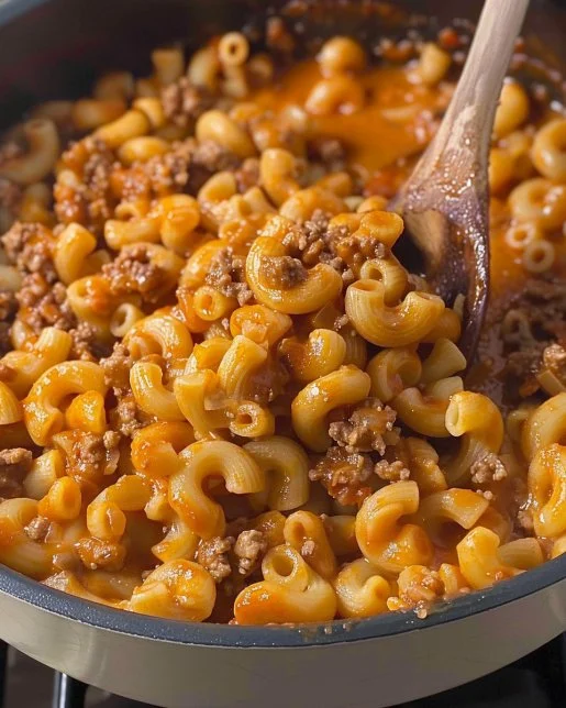 Bowl of homemade Hamburger Helper with ground beef and pasta dish