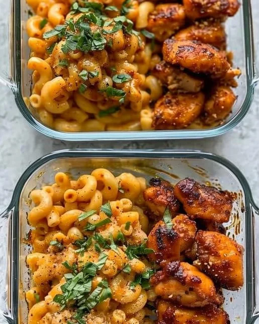Honey Garlic Butter Chicken with Mac & Cheese 2 Plate of Honey Garlic Butter Chicken with creamy mac & cheese