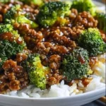 Honey garlic ground beef and broccoli stir-fry dish served in a bowl