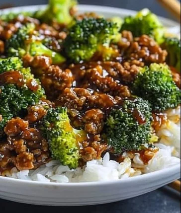 Honey garlic ground beef and broccoli stir-fry dish served in a bowl