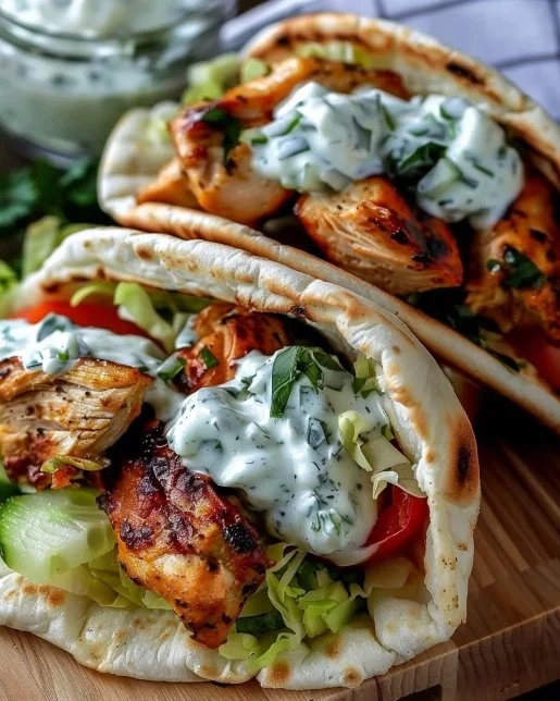Mediterranean Chicken Gyros 2 Delicious Mediterranean Chicken Gyros served with fresh veggies in a pita