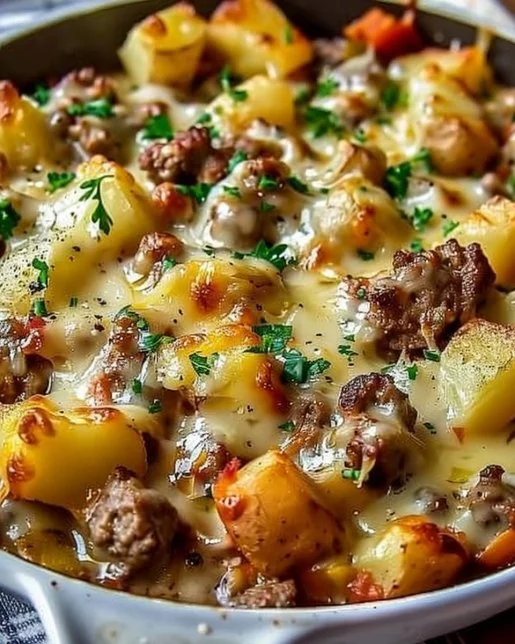 One-Pan Cheesy Meat and Potato Skillet dish ready to serve